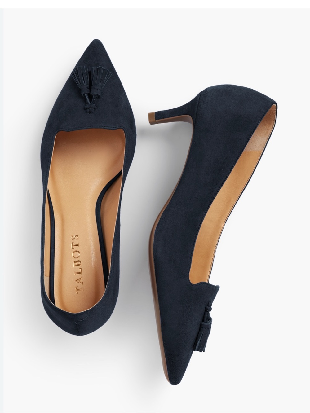 Talbots Navy Suede Pointed Tassel Mid-Heel Pumps